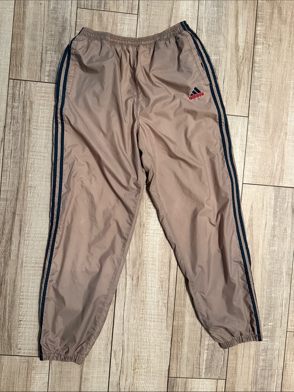 Vintage Adidas Nylon Track Pants Taupe Brown Black 3 Stripe Retro Large